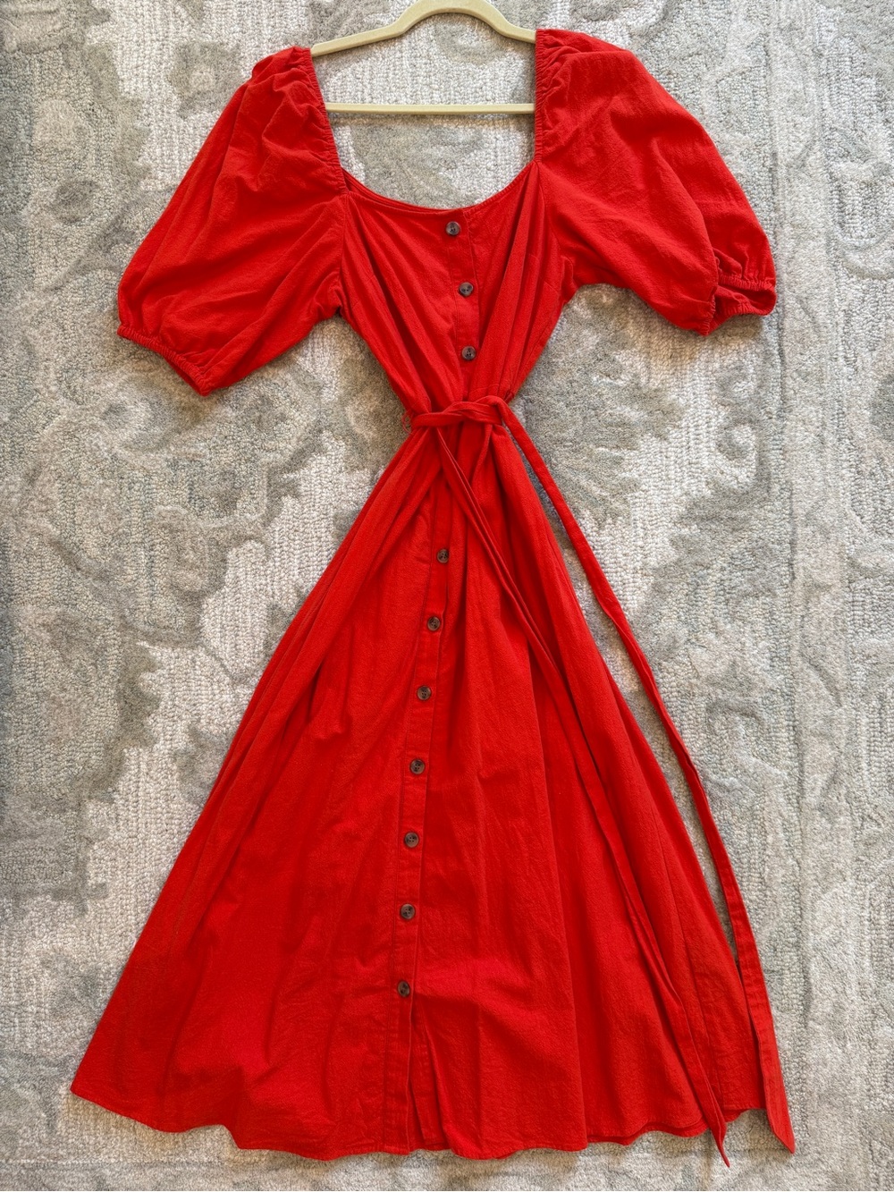 H&M Red Button-Front Midi Dress with Puff Sleeves and Tie Waist